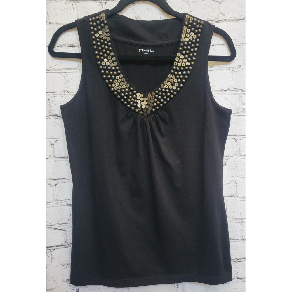 St. Johns Bay Womens Black Studded V-Neck Sleeveless Tank Top Size M